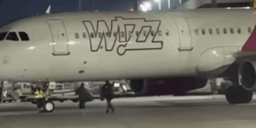 Români filmați alergând pe pista aeroportului din Köln după un avion Wizz Air spre București