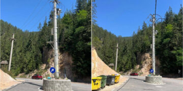 Stâlp în mijlocul drumului, transformat în sens giratoriu